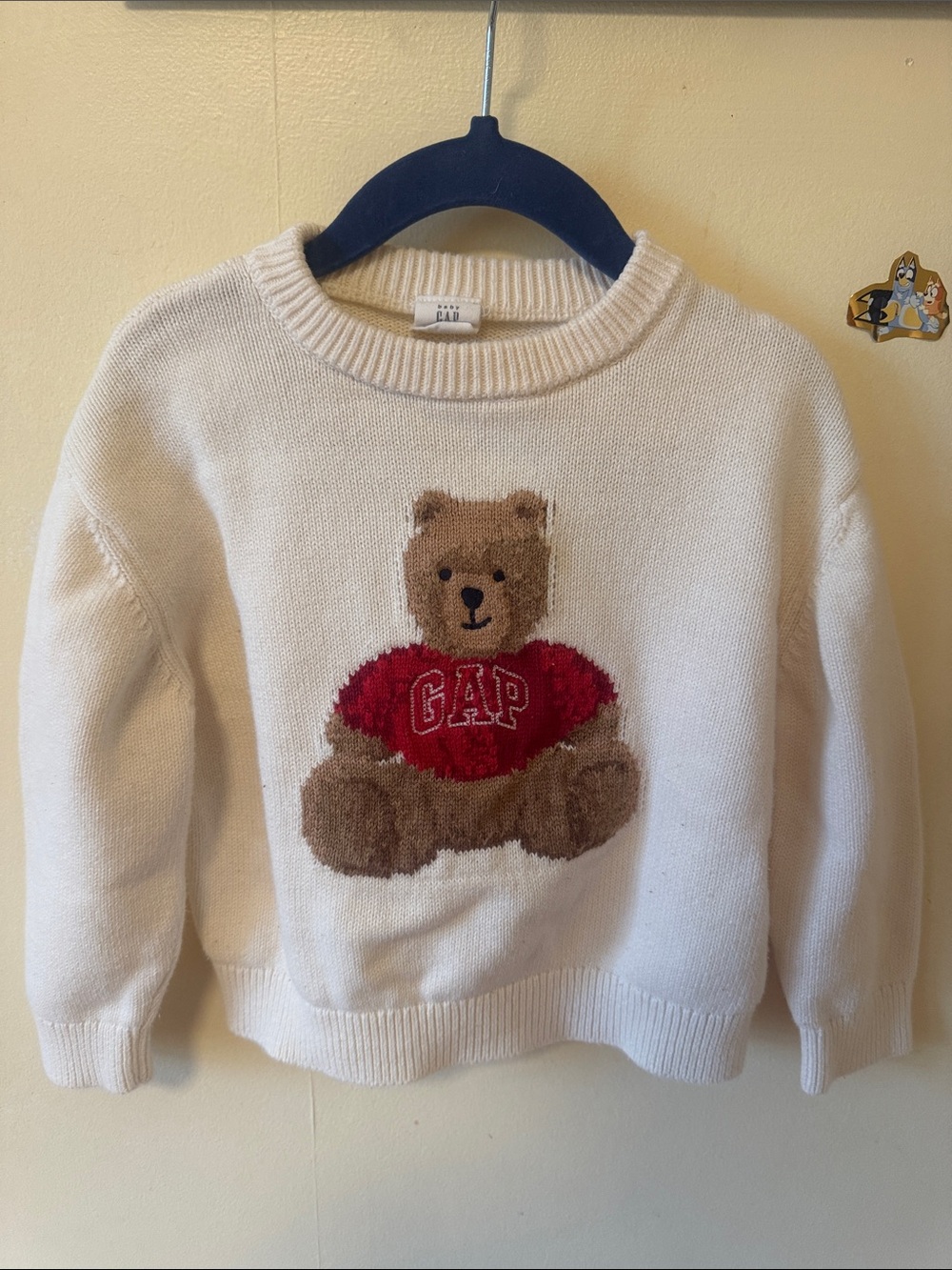 GAP Cream Knit Sweater with Red Bear Applique
